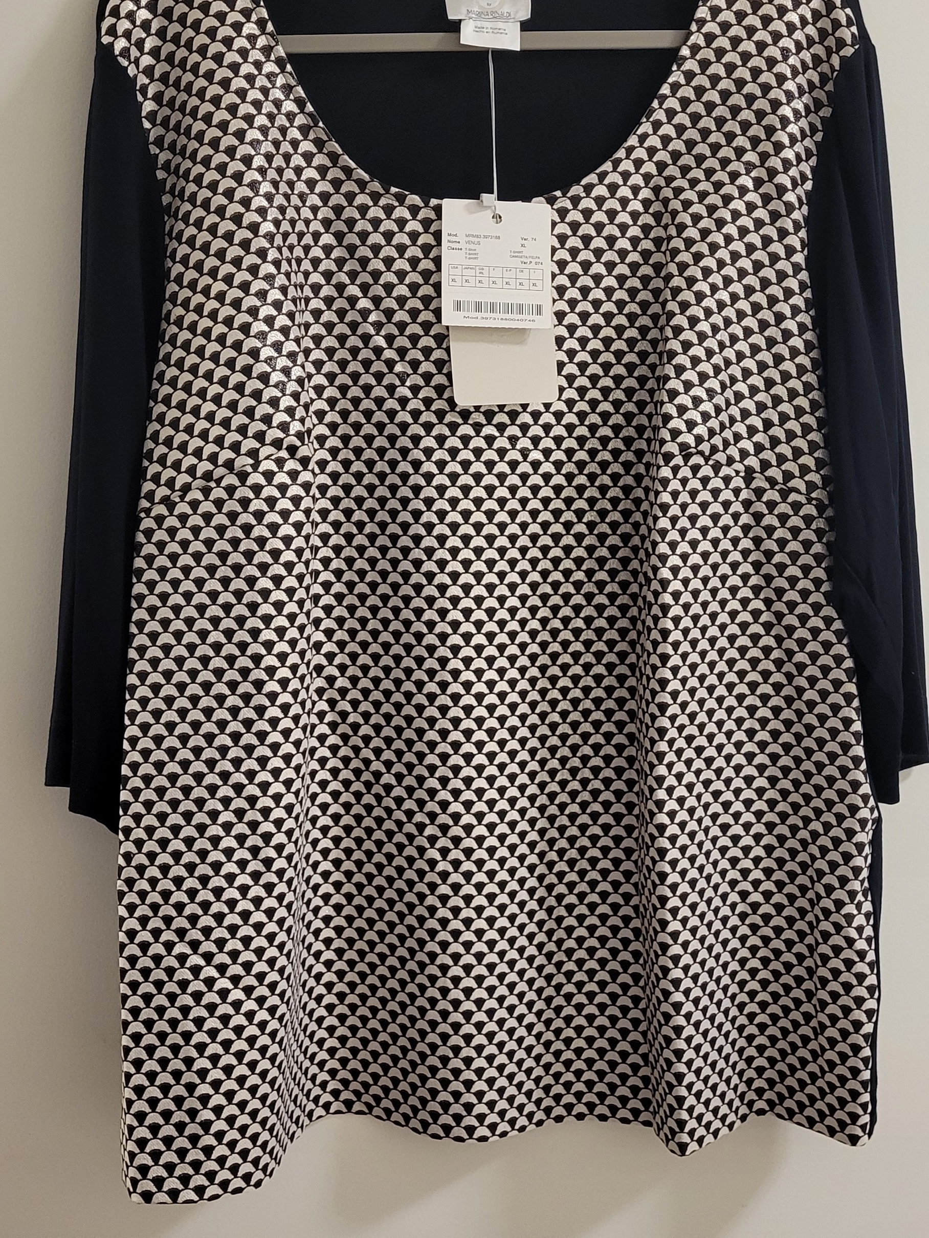 Marina Rinaldi Black, White & Brown Scallop Pattern Scoop Neck Top